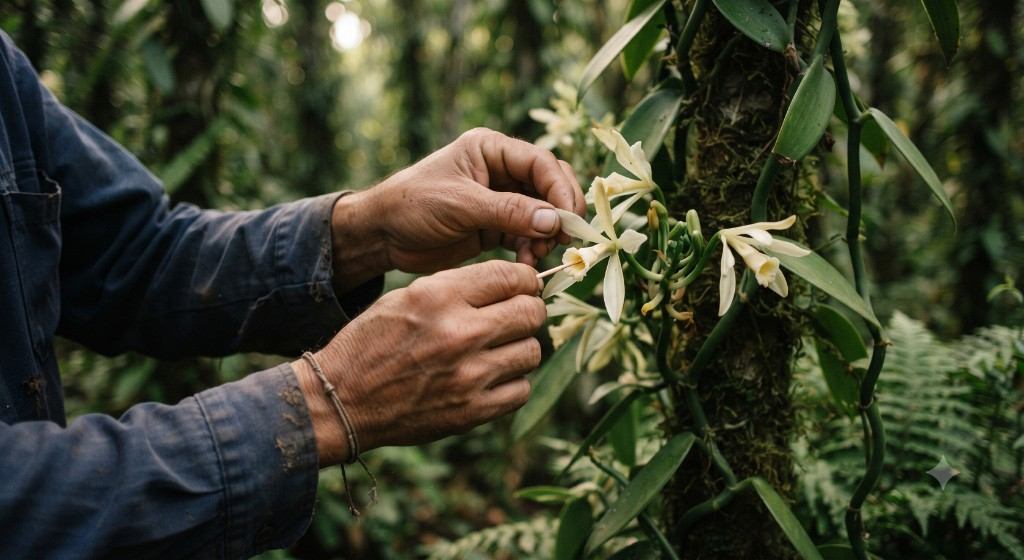 Hands hand-pollinating a vanilla orchid flower
