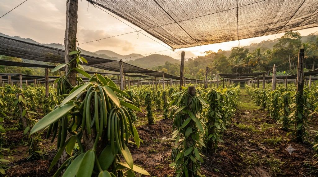 Vanilla vines under shade canopy on a plantation