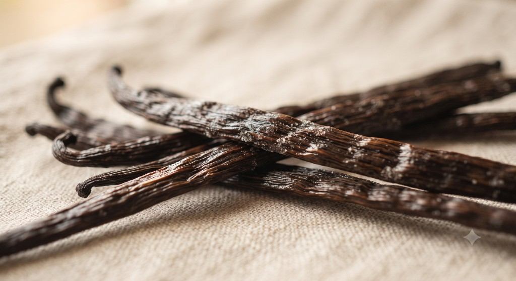 Cured dark vanilla beans on linen